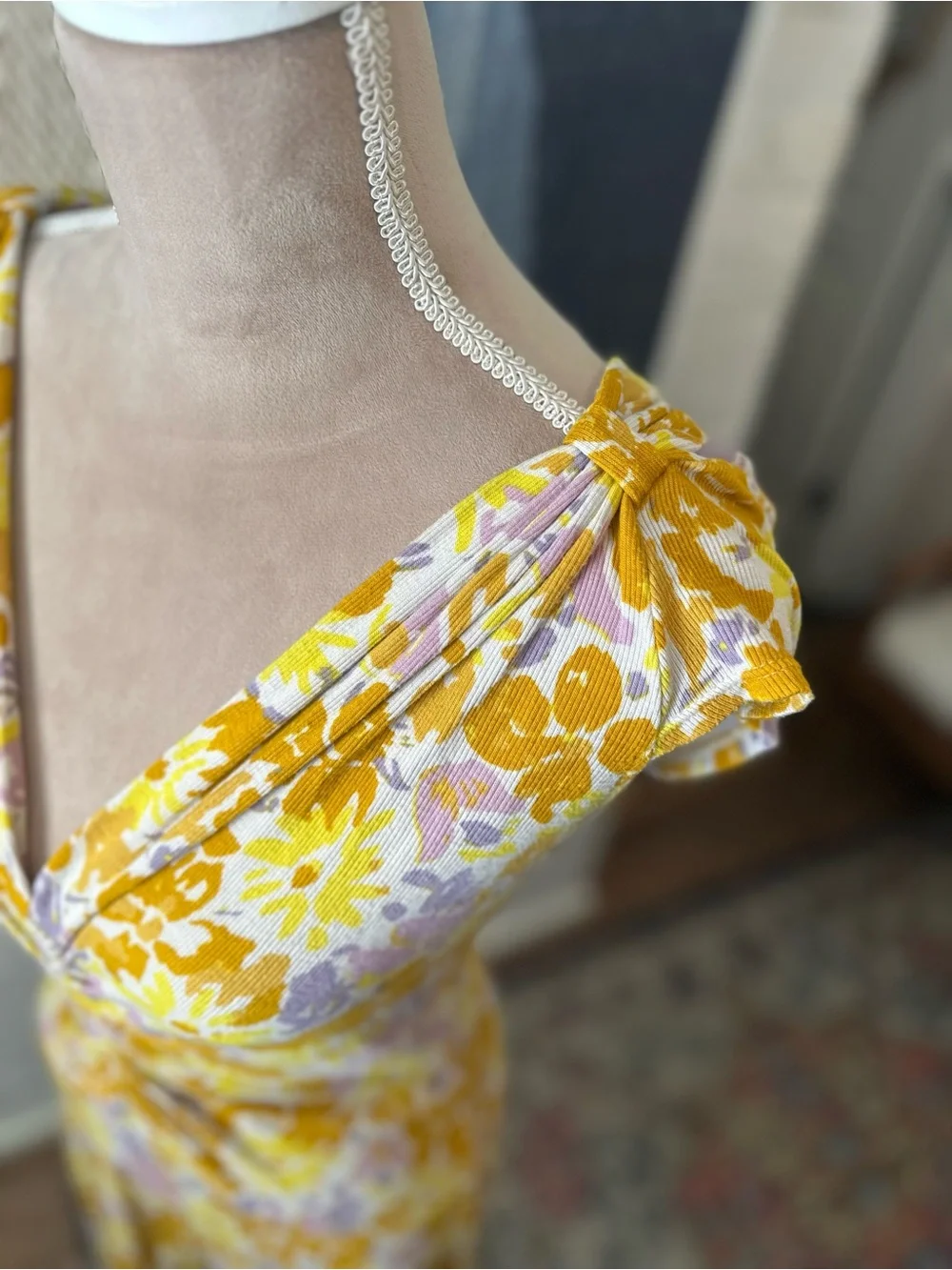 Free People Yellow and Purple Floral Ribbed Drop Waist Dress